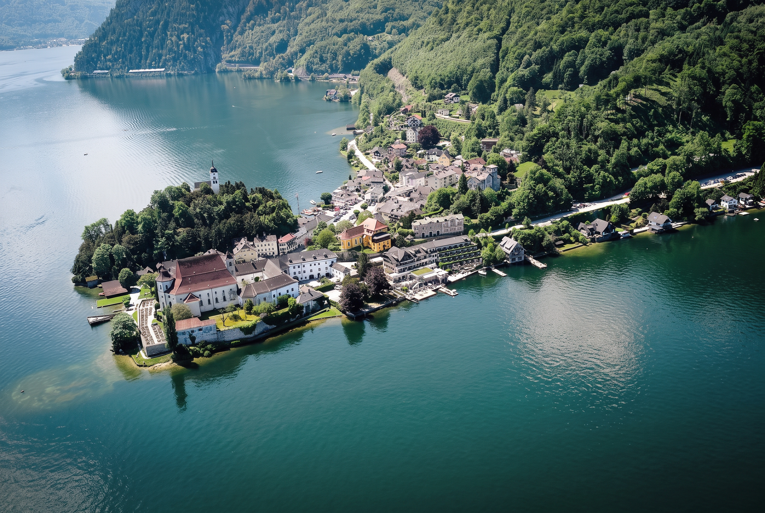 Luftaufnahme der Halbinsel Traunkirchen mit Pfarrkirche im türkisblauen Traunsee, Salzkammergut
